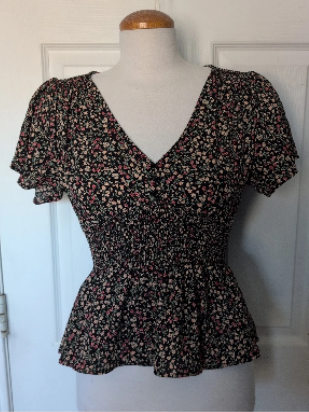 Ambiance Black Floral Smocked Peplum Top with Pink & Cream Accents